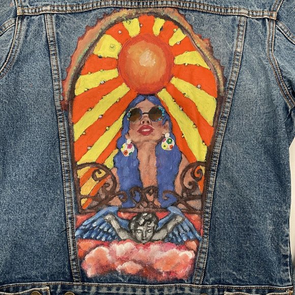 Vintage Hand Painted Denim Jacket Boho Hippie Woman Sun Angel Clouds Wom… - Picture 2 of 11